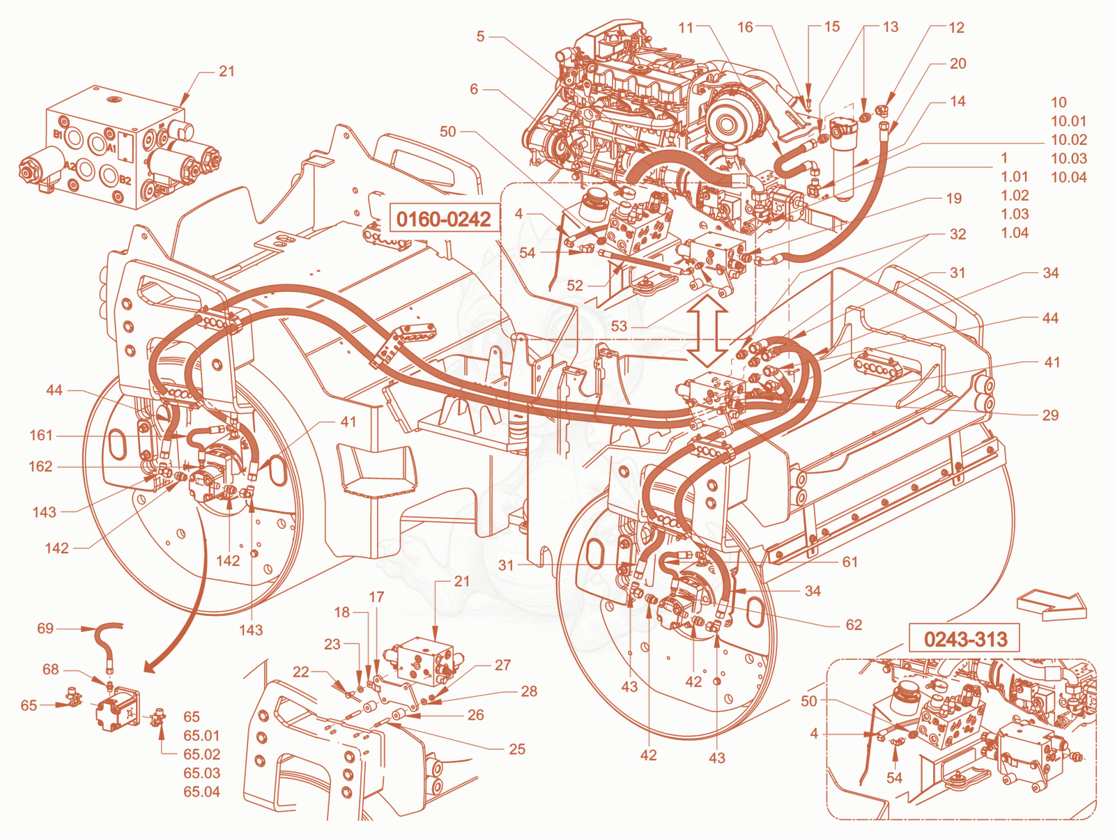 Exploded parts diagram of the vibration drive of a Wacker Neuson RD40-130.3, with numbered balloons
