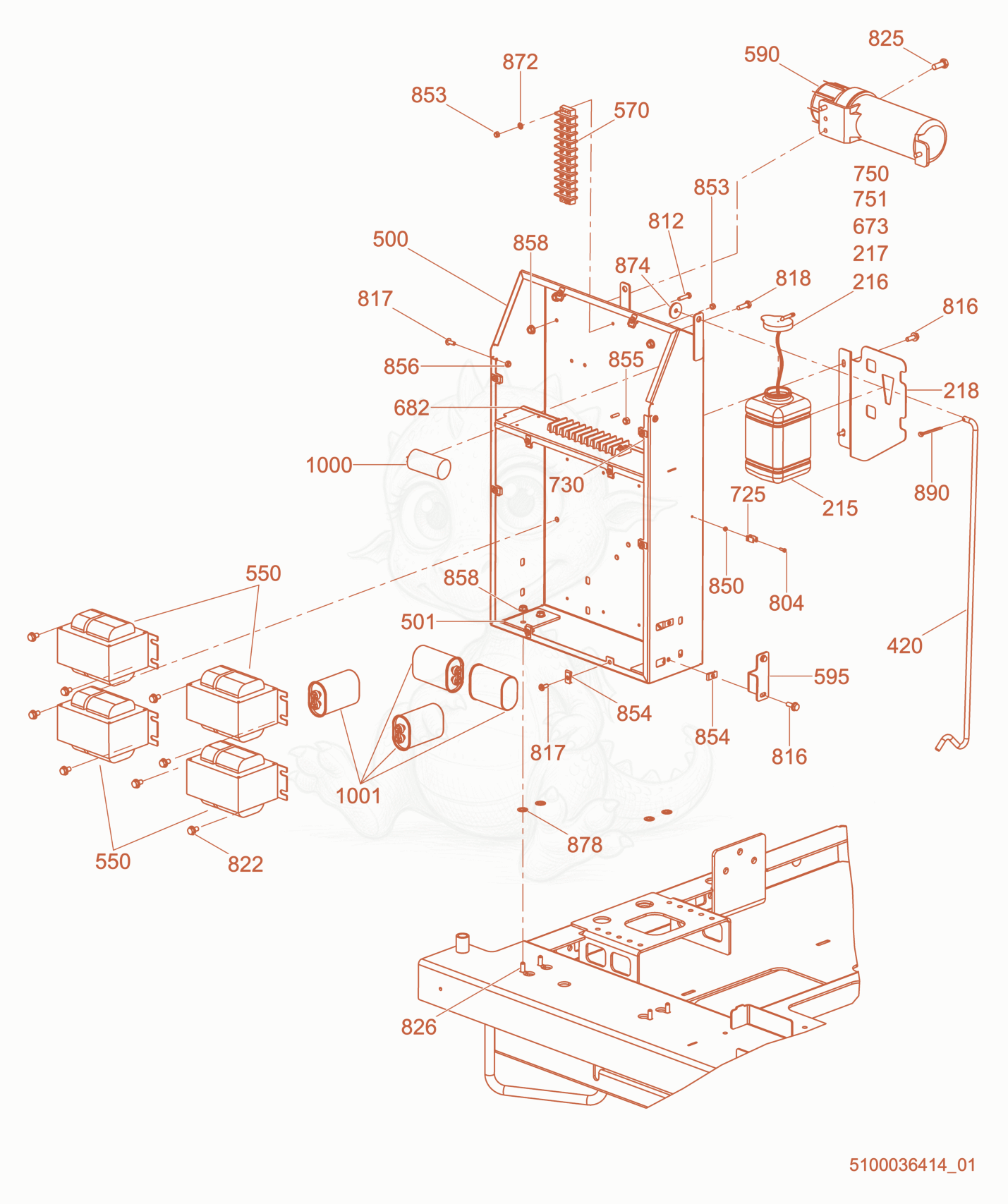 Exploded parts diagram of the Ballast/Control Box, 60HZ 1100W MH of a Wacker Neuson LTV6L, with numbered balloons