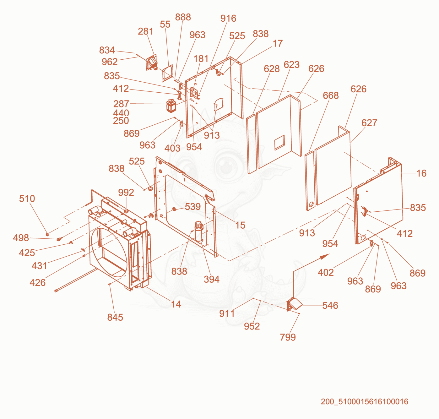 Exploded parts diagram of the Front Enclosure/Radiator of a Wacker Neuson G180, with numbered balloons