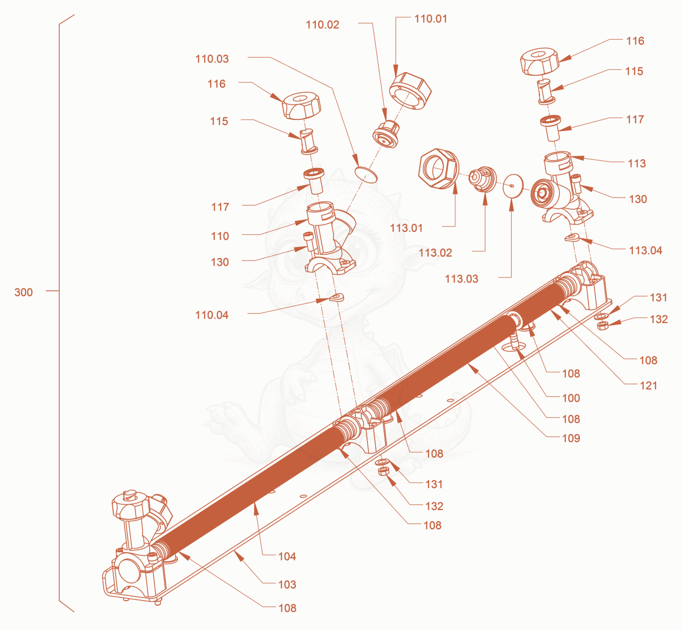 Exploded parts diagram of the sprinkling of a Wacker Neuson RD24-100CUS, with numbered balloons