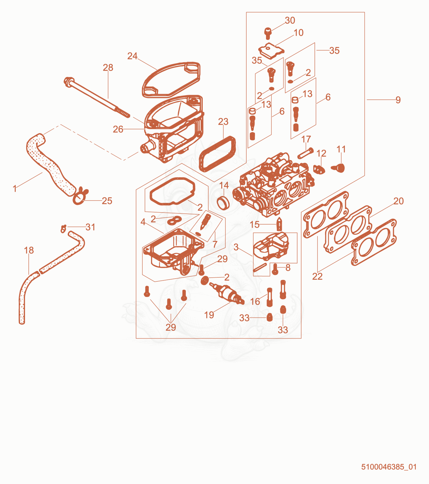 Exploded parts diagram of the Carburetor cpl. of a Wacker Neuson GPS9700A, with numbered balloons