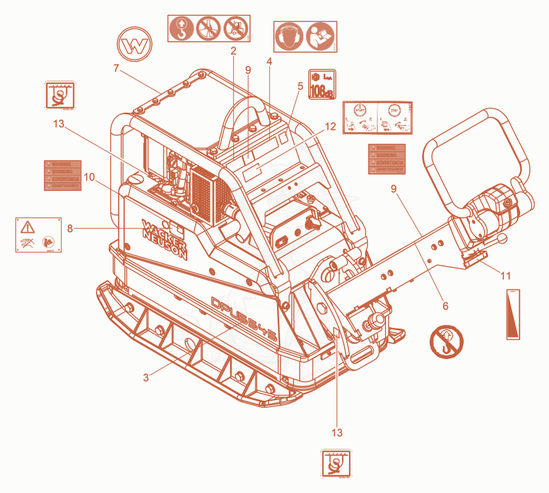 Exploded parts diagram of the Labels of a Wacker Neuson DPU5545HE, with numbered balloons