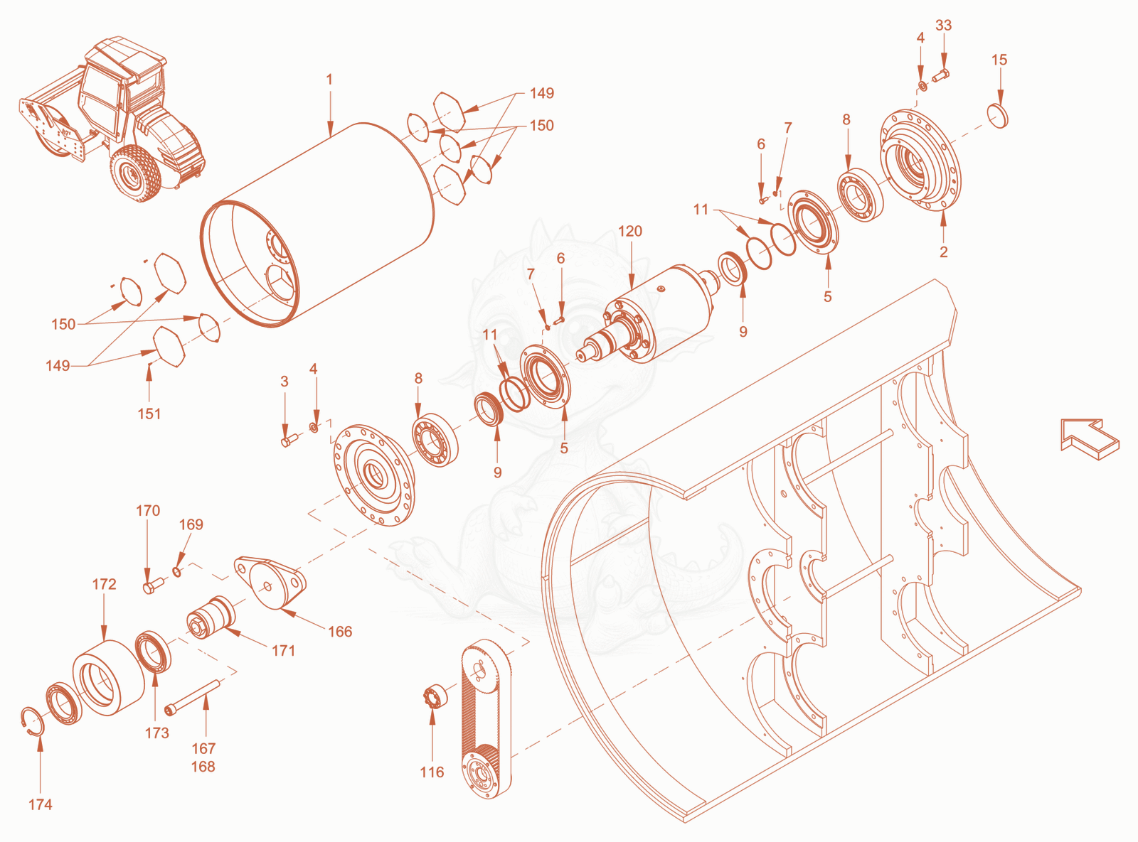 Exploded parts diagram of the roller drum of a Wacker Neuson RC70VODPFCAB, with numbered balloons