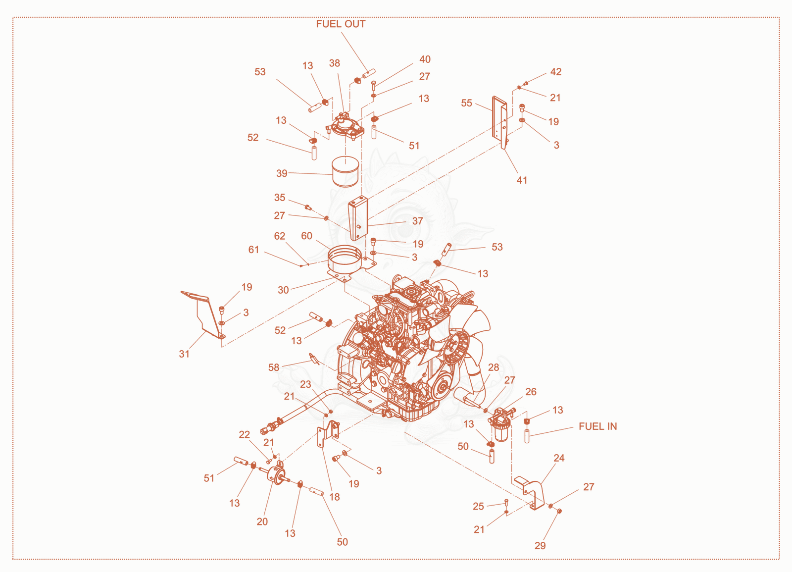 Exploded parts diagram of the engine cpl. of a Wacker Neuson LTN4Y, with numbered balloons