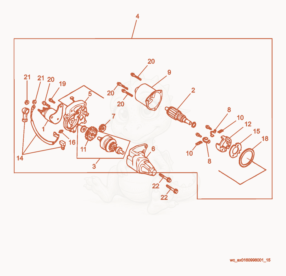 Despiece del Starter Motor de una máquina Wacker Neuson GPS6600A, con globos numerados