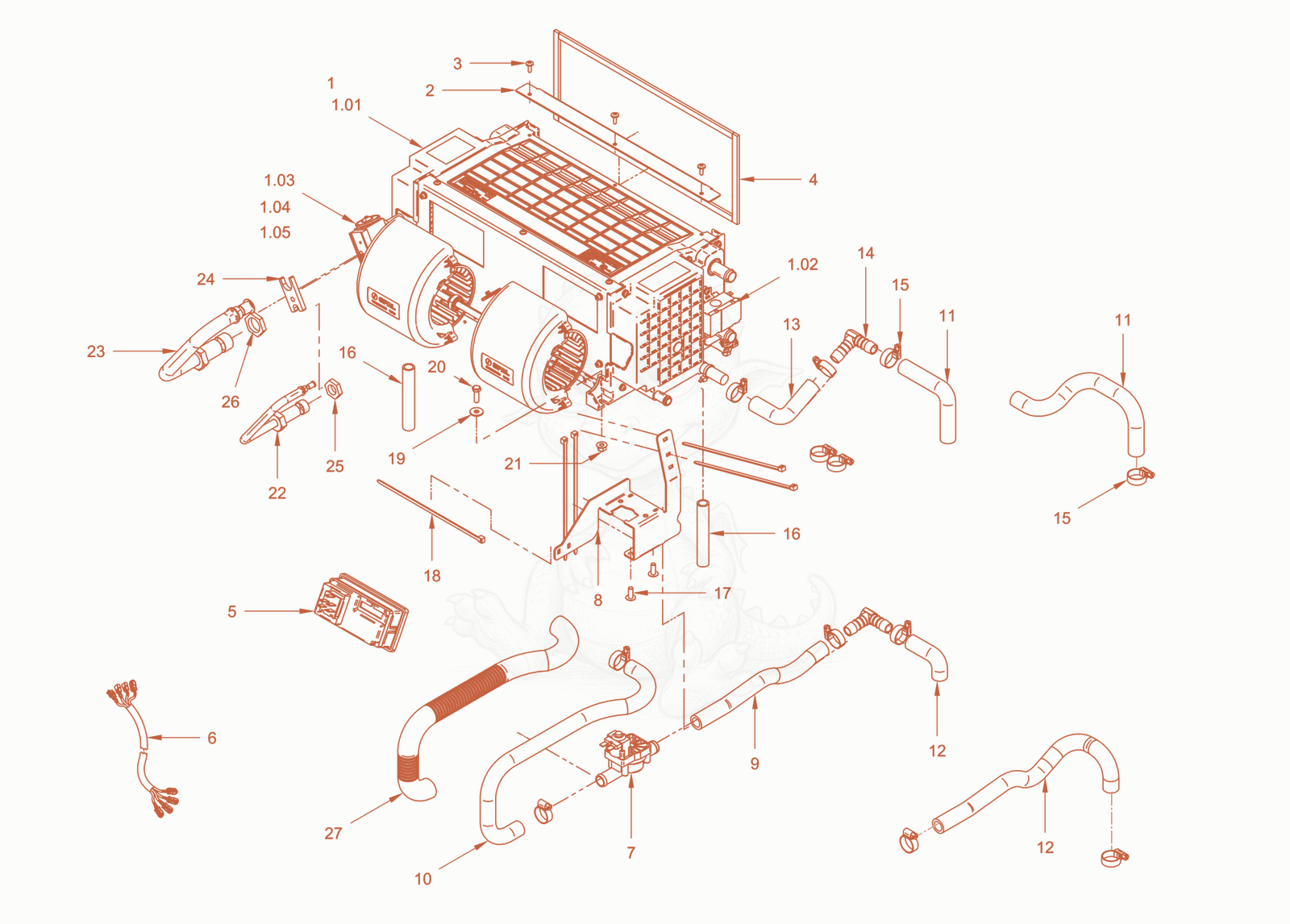 Exploded parts diagram of the air conditioner of a Wacker Neuson RC50DPFCAB, with numbered balloons