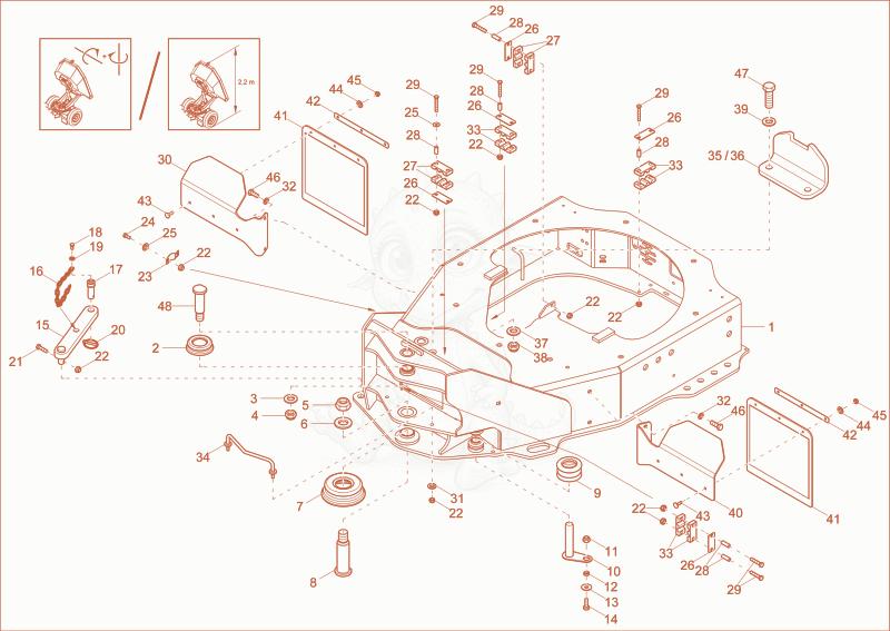 Exploded parts diagram of the frame front part (Option) of a Wacker Neuson DW20, with numbered balloons
