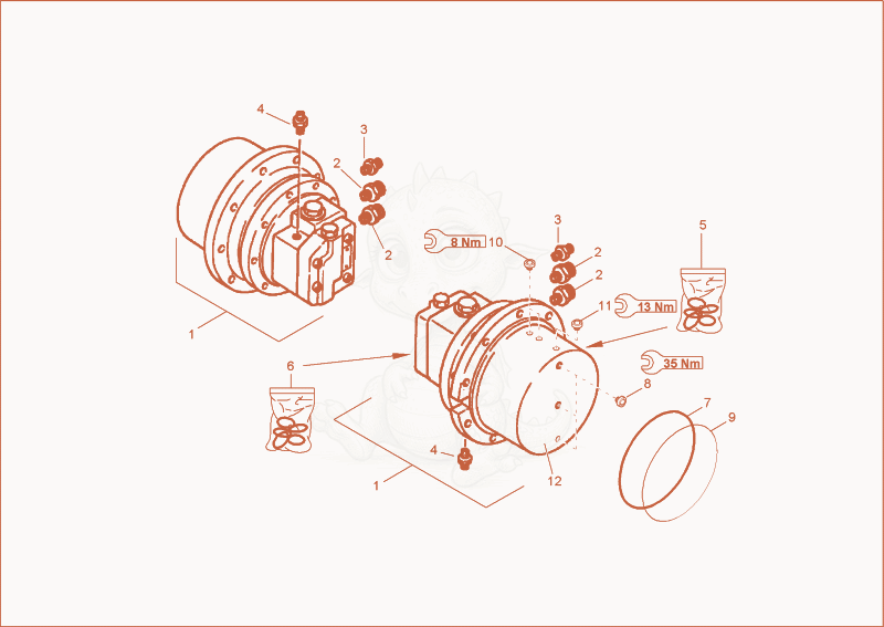 Exploded parts diagram of the drive unit of a Wacker Neuson 8002RD, with numbered balloons