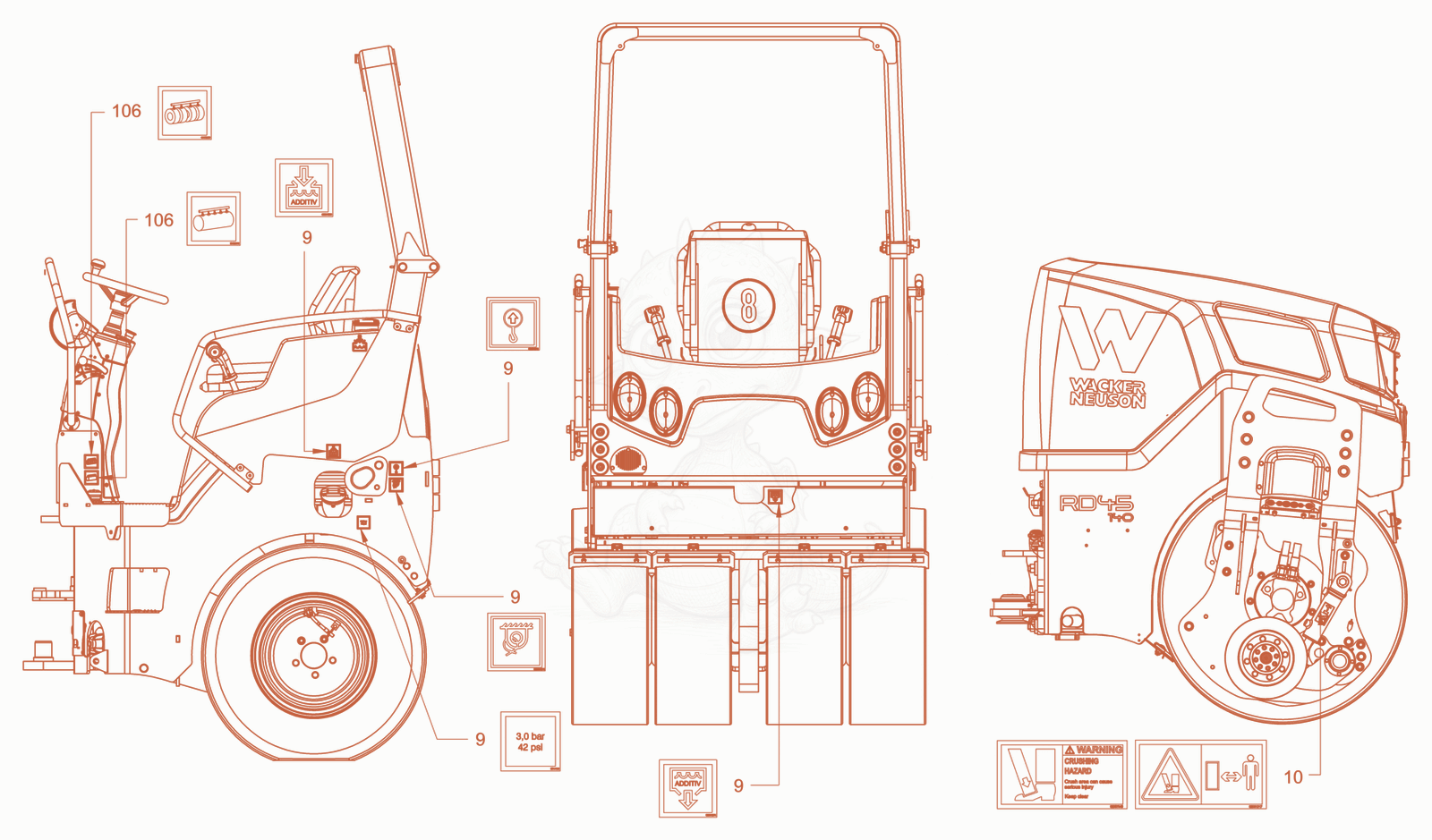 Exploded parts diagram of the sticker arrangement of a Wacker Neuson RD40-130CDPF, with numbered balloons