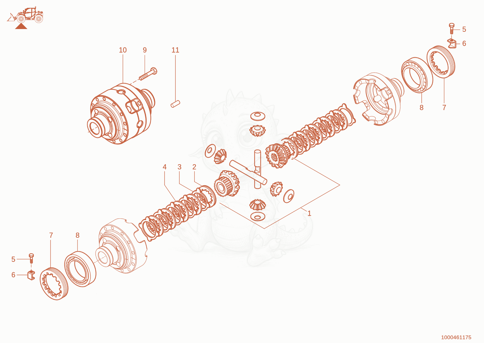 Exploded parts diagram of the differential of a Wacker Neuson TH730(415-14), with numbered balloons