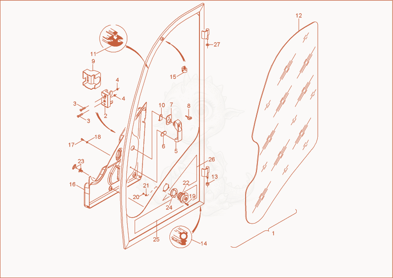 Exploded parts diagram of the cab door of a Wacker Neuson 2503, with numbered balloons