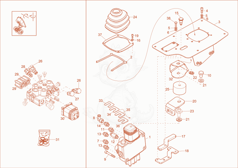 Exploded parts diagram of the control valve of a Wacker Neuson DW90, with numbered balloons