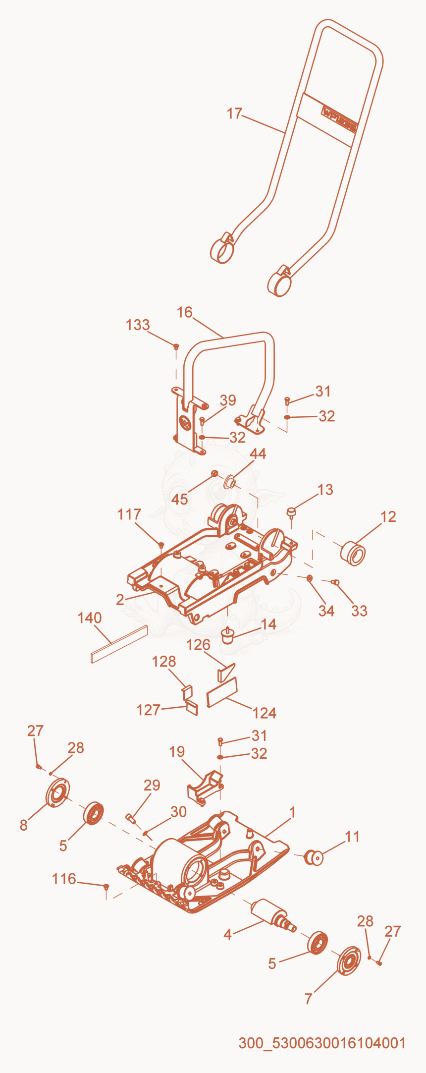 Exploded parts diagram of the Guide Handle/Baseplate of a Wacker Neuson WP1235AW-L, with numbered balloons