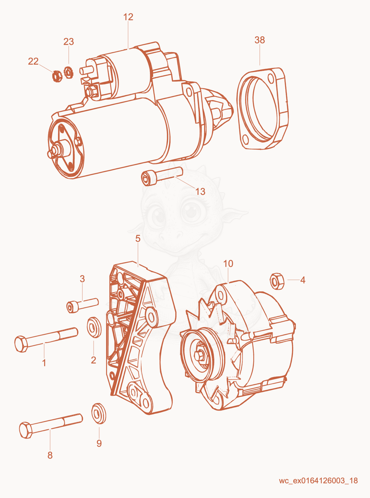Exploded parts diagram of the Starter/Alternator of a Wacker Neuson CRT48-35L-PSEU, with numbered balloons