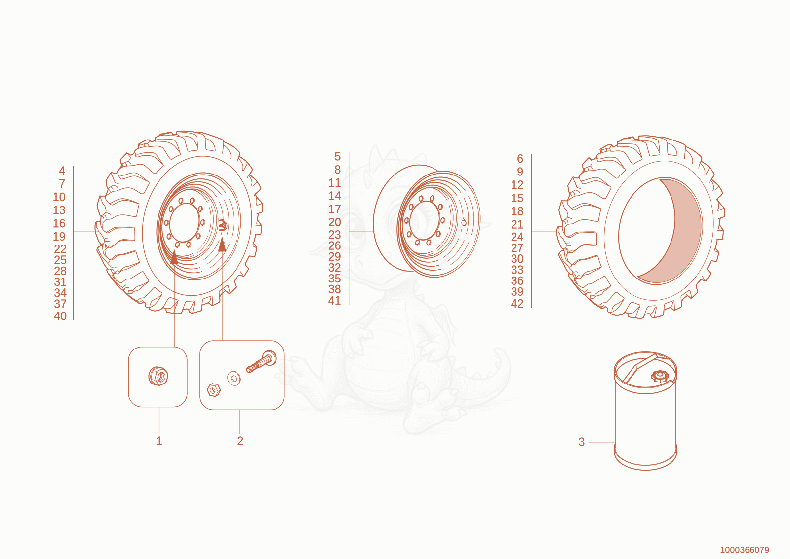 Exploded parts diagram of the tyre of a Wacker Neuson TH955(416-16), with numbered balloons
