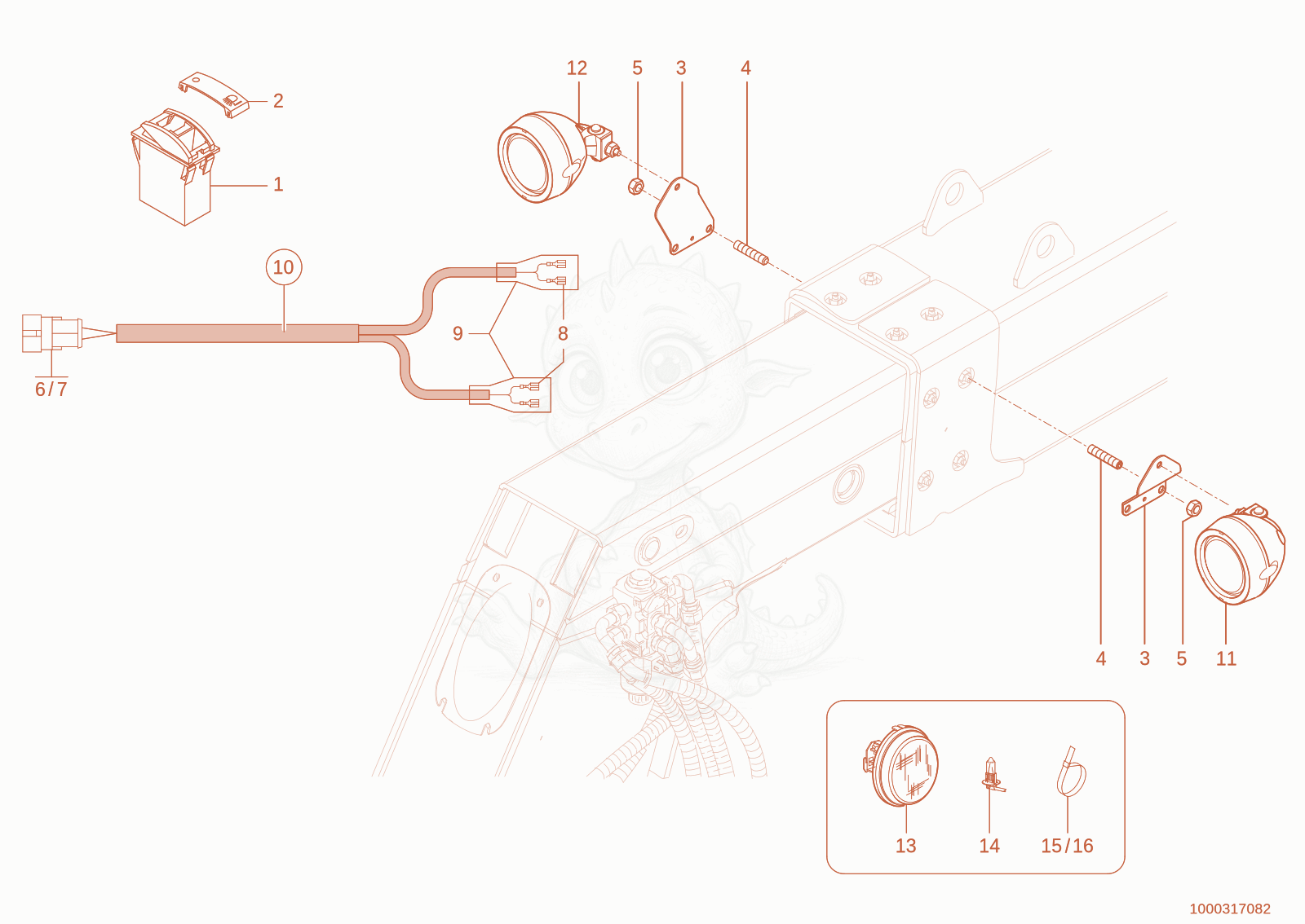 Exploded parts diagram of the Lighting lift arm of a Wacker Neuson TH735(415-16), with numbered balloons