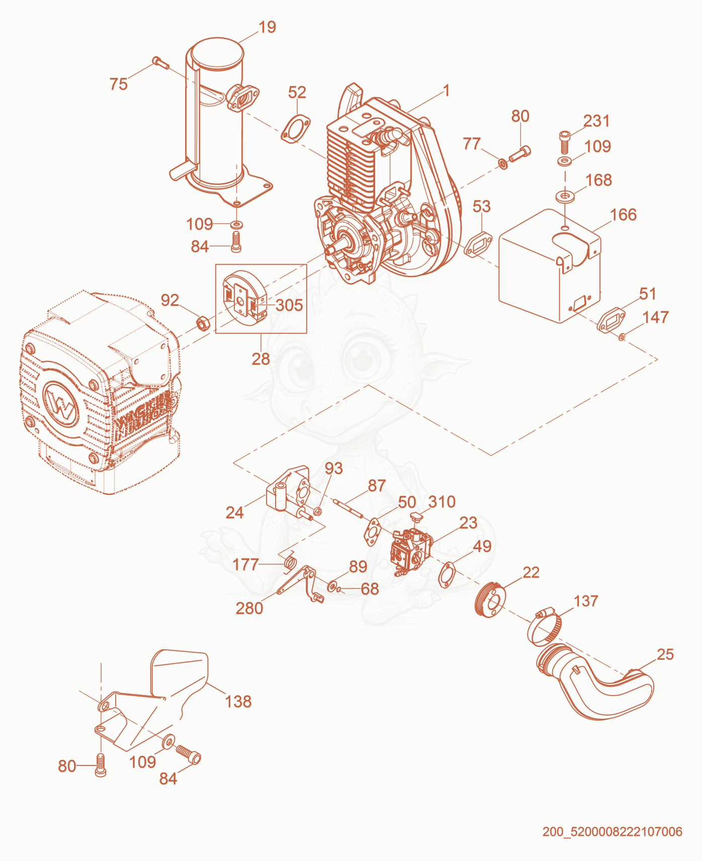 Despiece del Engine cpl. de una máquina Wacker Neuson MS52, con globos numerados