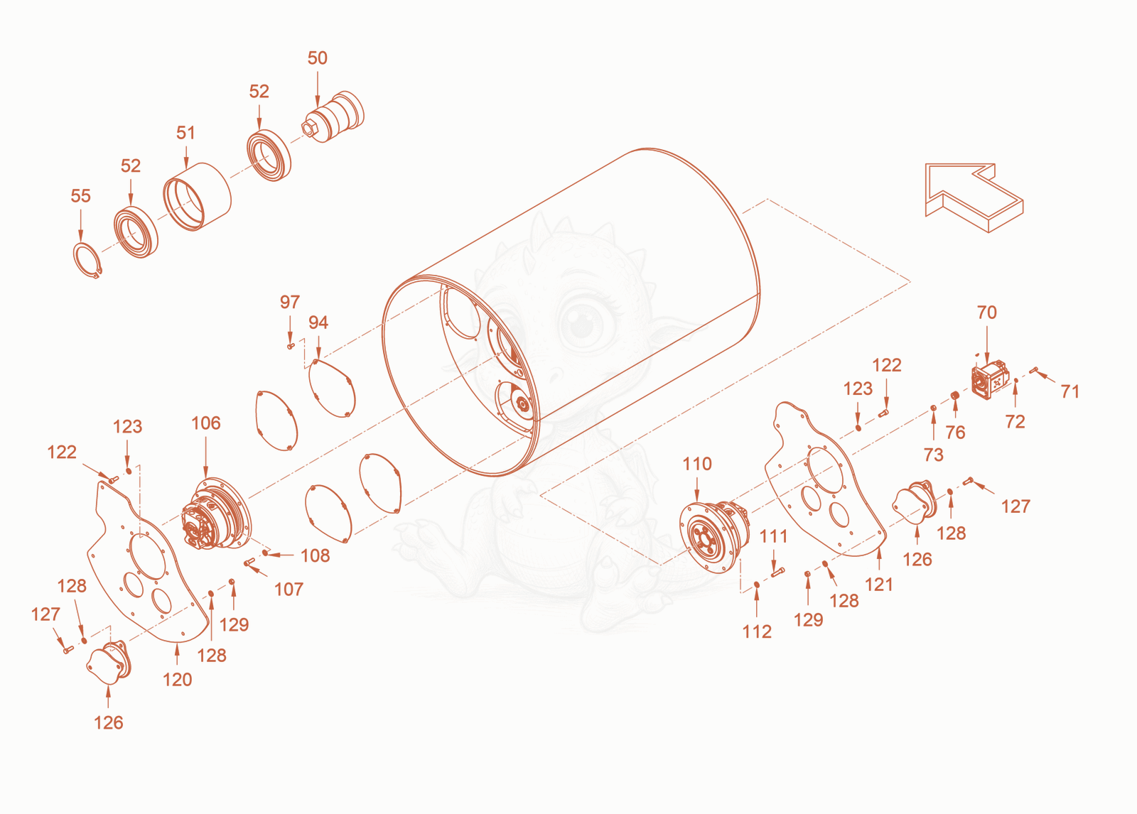 Exploded parts diagram of the roller drum with oscillator of a Wacker Neuson RD45-140O.3, with numbered balloons