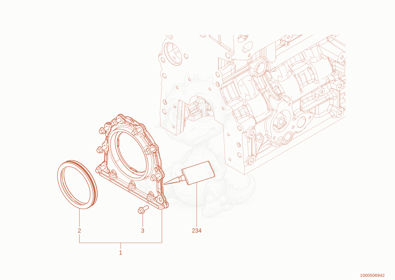 Exploded parts diagram of the Crankcase attachments of a Wacker Neuson TH730(415-24), with numbered balloons