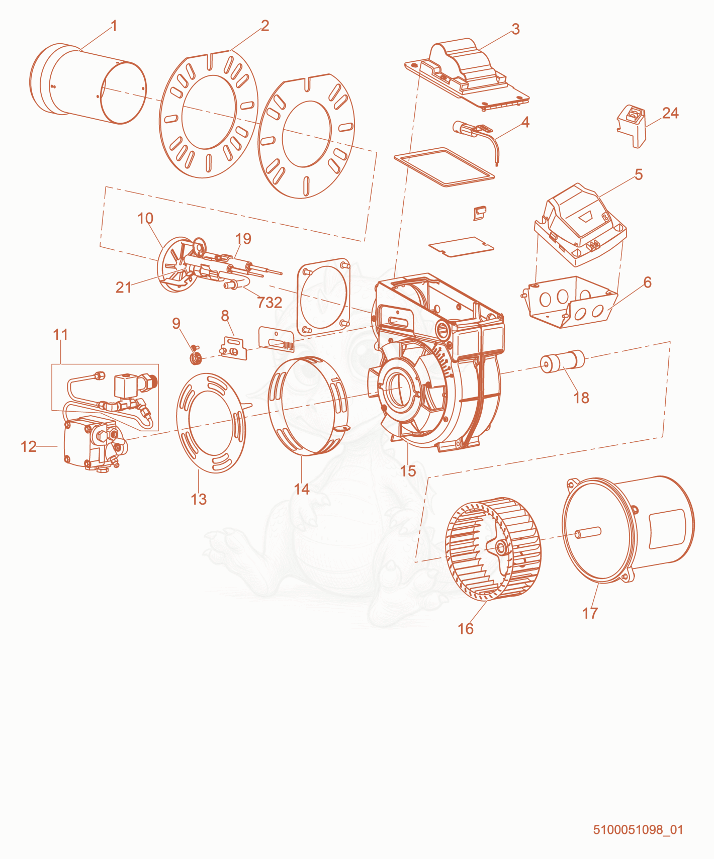 Exploded parts diagram of the Burner cpl. of a Wacker Neuson HI1000DGM, with numbered balloons