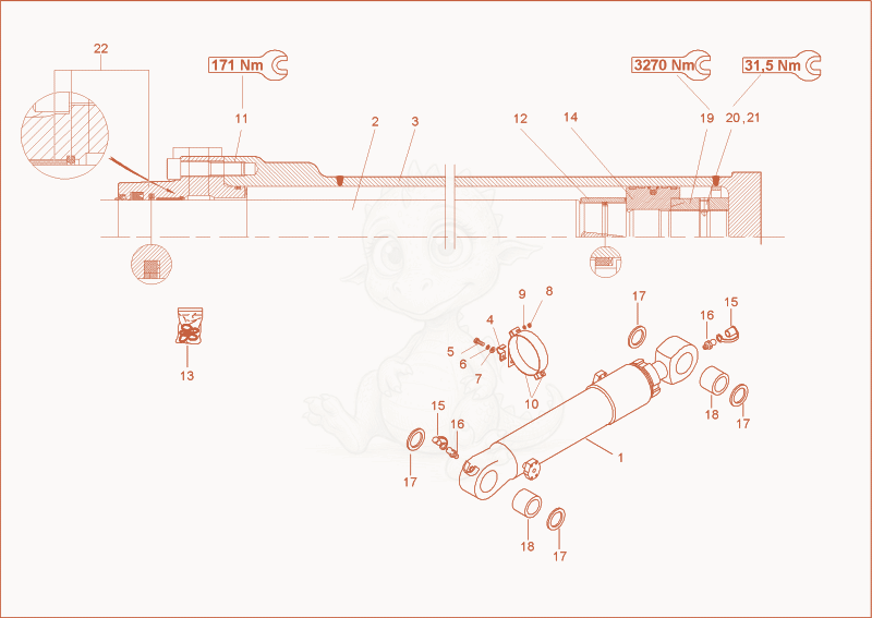 Exploded parts diagram of the bucket cylinder of a Wacker Neuson 12002RD, with numbered balloons