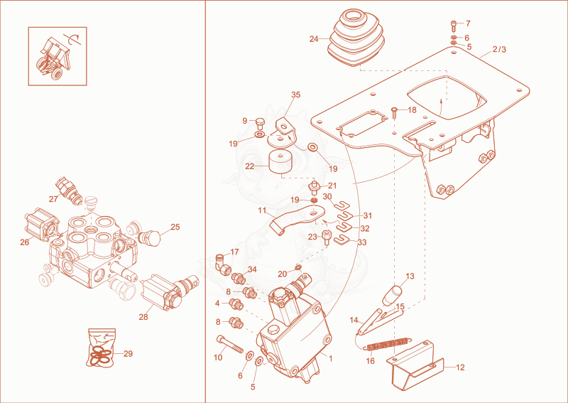 Exploded parts diagram of the control valve of a Wacker Neuson DW100, with numbered balloons