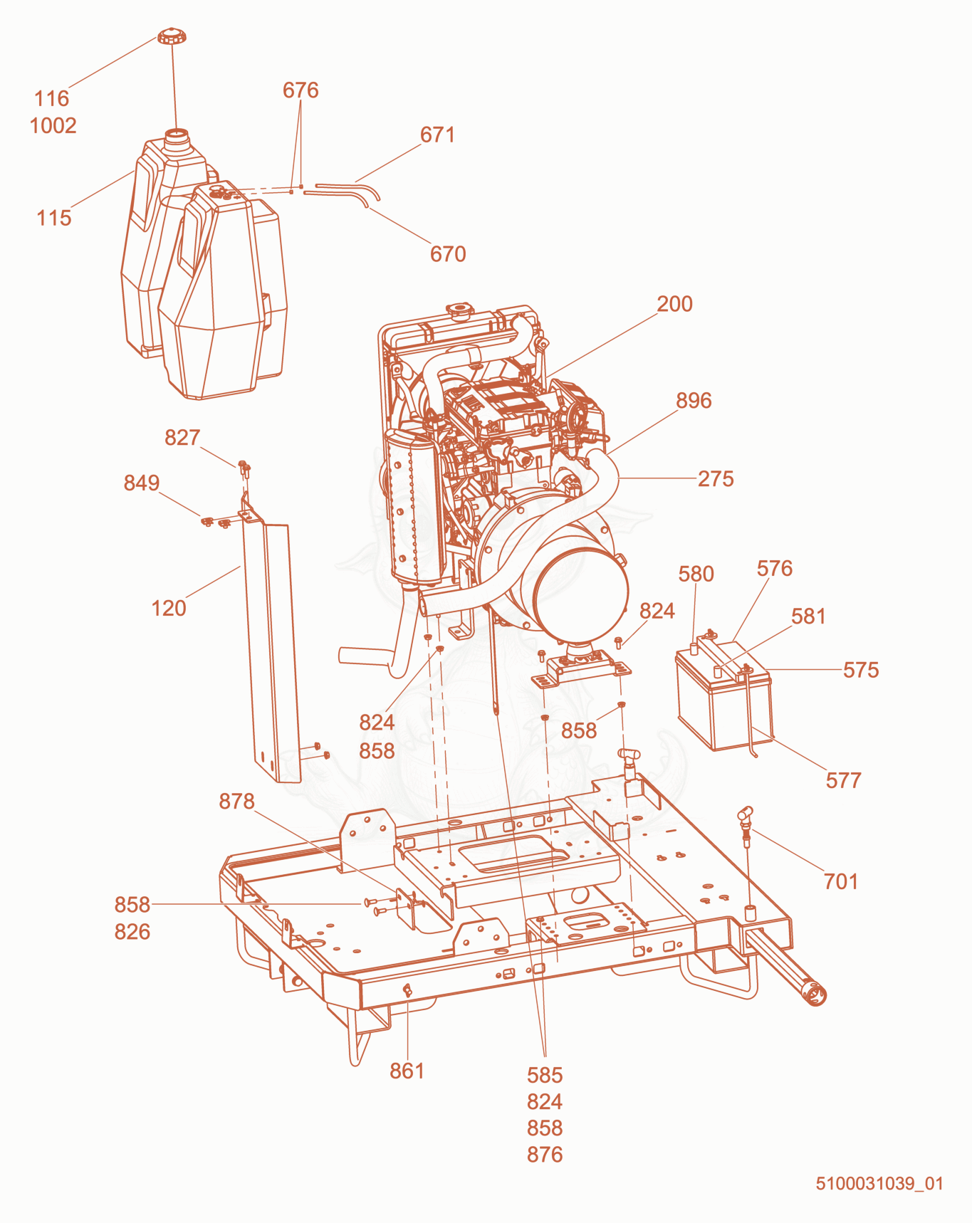 Exploded parts diagram of the Fuel Tank/Engine of a Wacker Neuson LTV6L, with numbered balloons