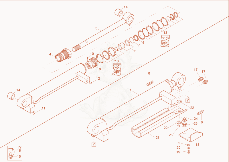 Despiece del boom cylinder de una máquina Wacker Neuson 2503, con globos numerados