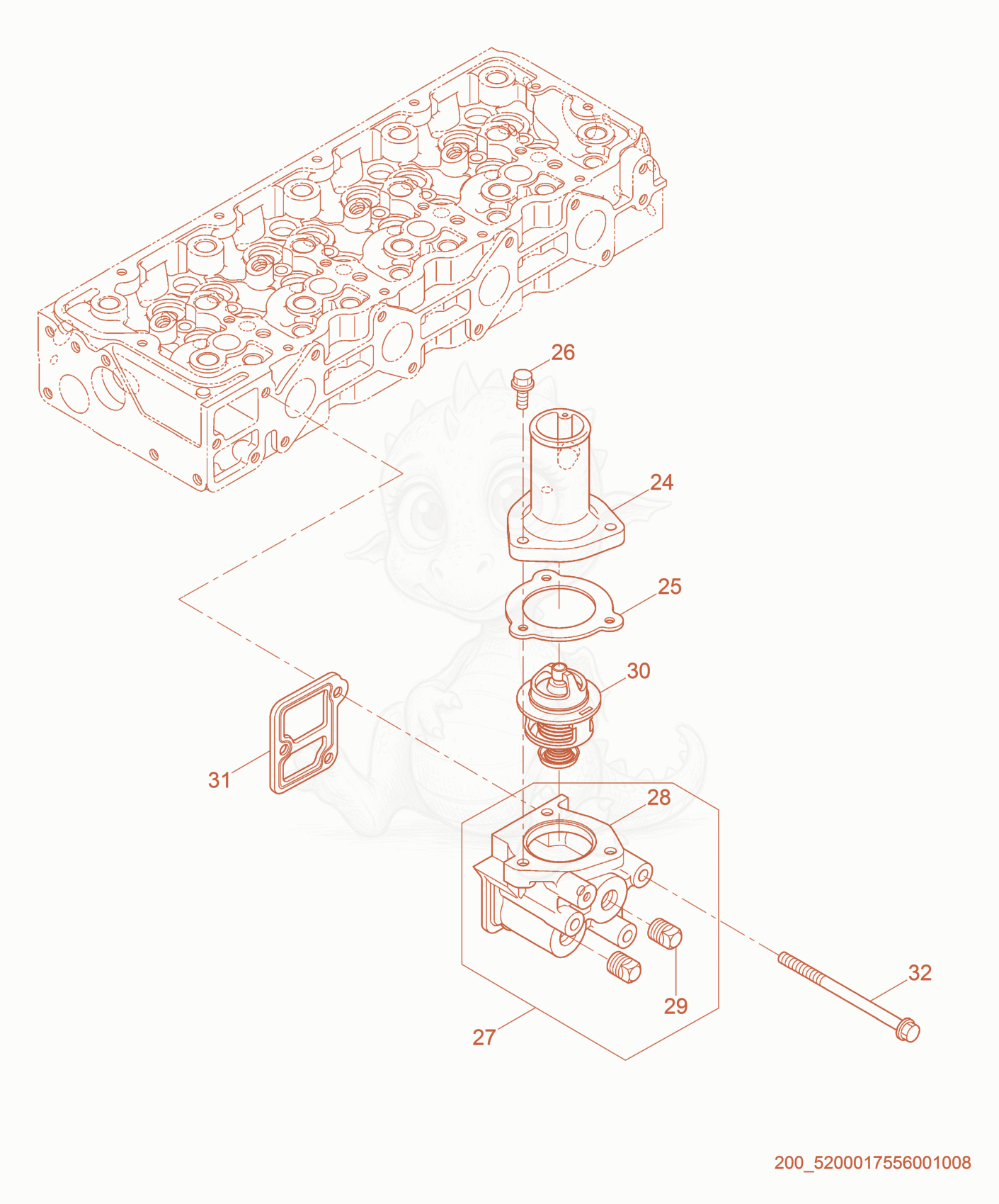 Exploded parts diagram of the Water Flange/Thermostat of a Wacker Neuson HIF600, with numbered balloons