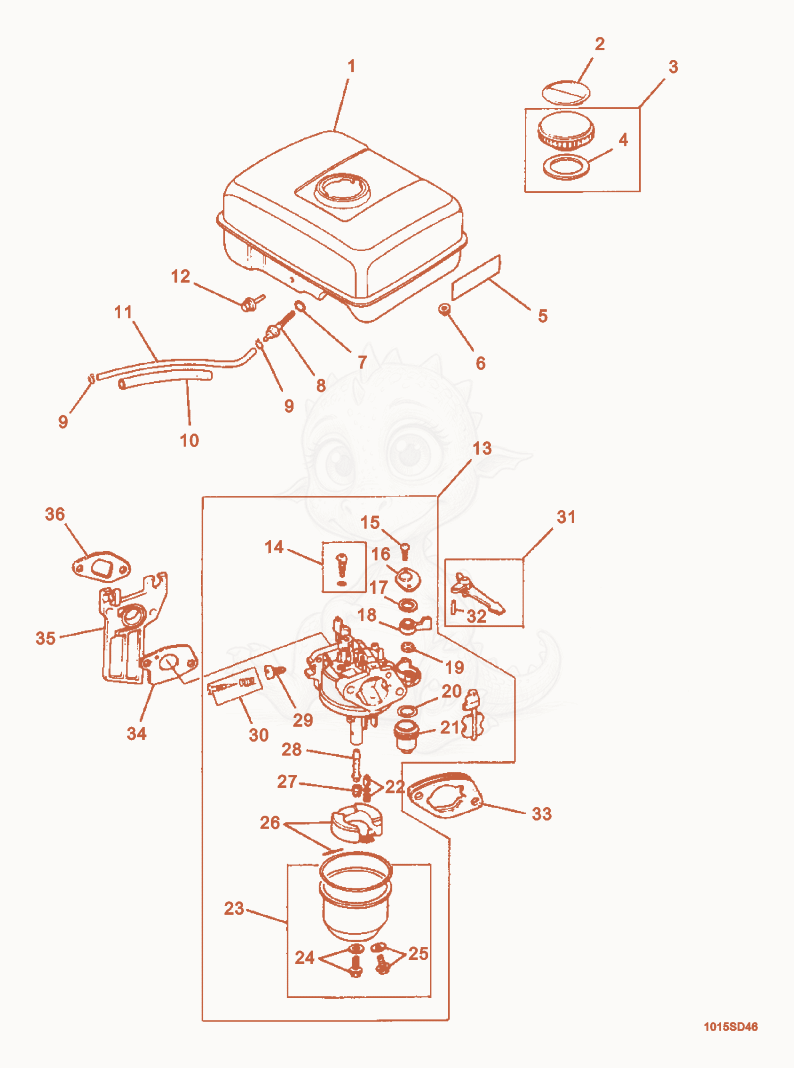 Exploded parts diagram of the Fuel Tank/Carburetor of a Wacker Neuson G2.1AE, with numbered balloons
