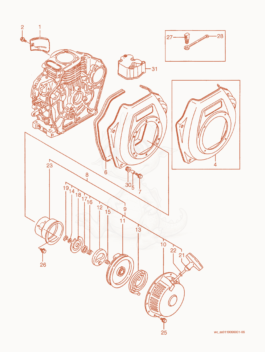 Exploded parts diagram of the Starter/Blower Housing of a Wacker Neuson VP2050Y, with numbered balloons