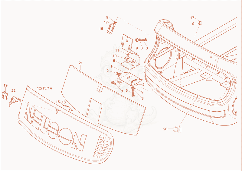 Exploded parts diagram of the engine hood of a Wacker Neuson 1402PRIMUSFORCE, with numbered balloons
