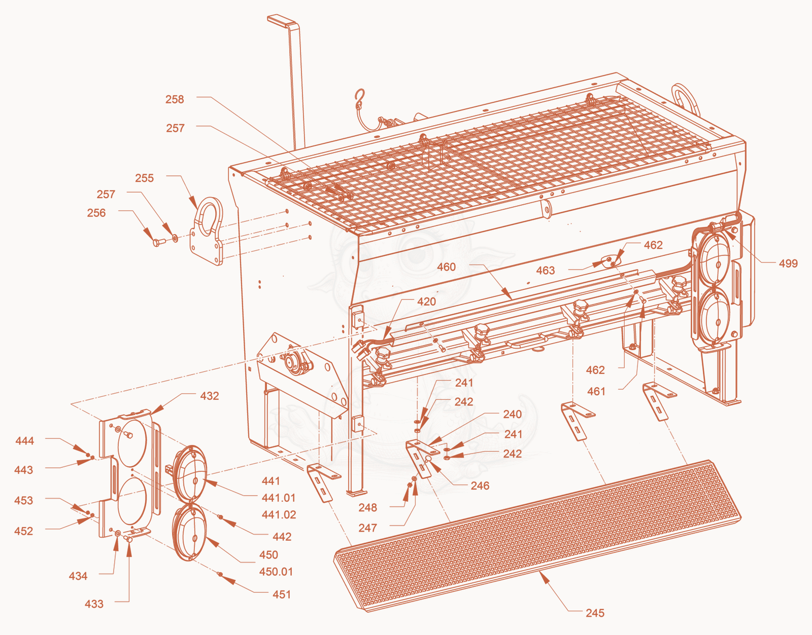 Exploded parts diagram of the chip spreader of a Wacker Neuson RD40-130C, with numbered balloons