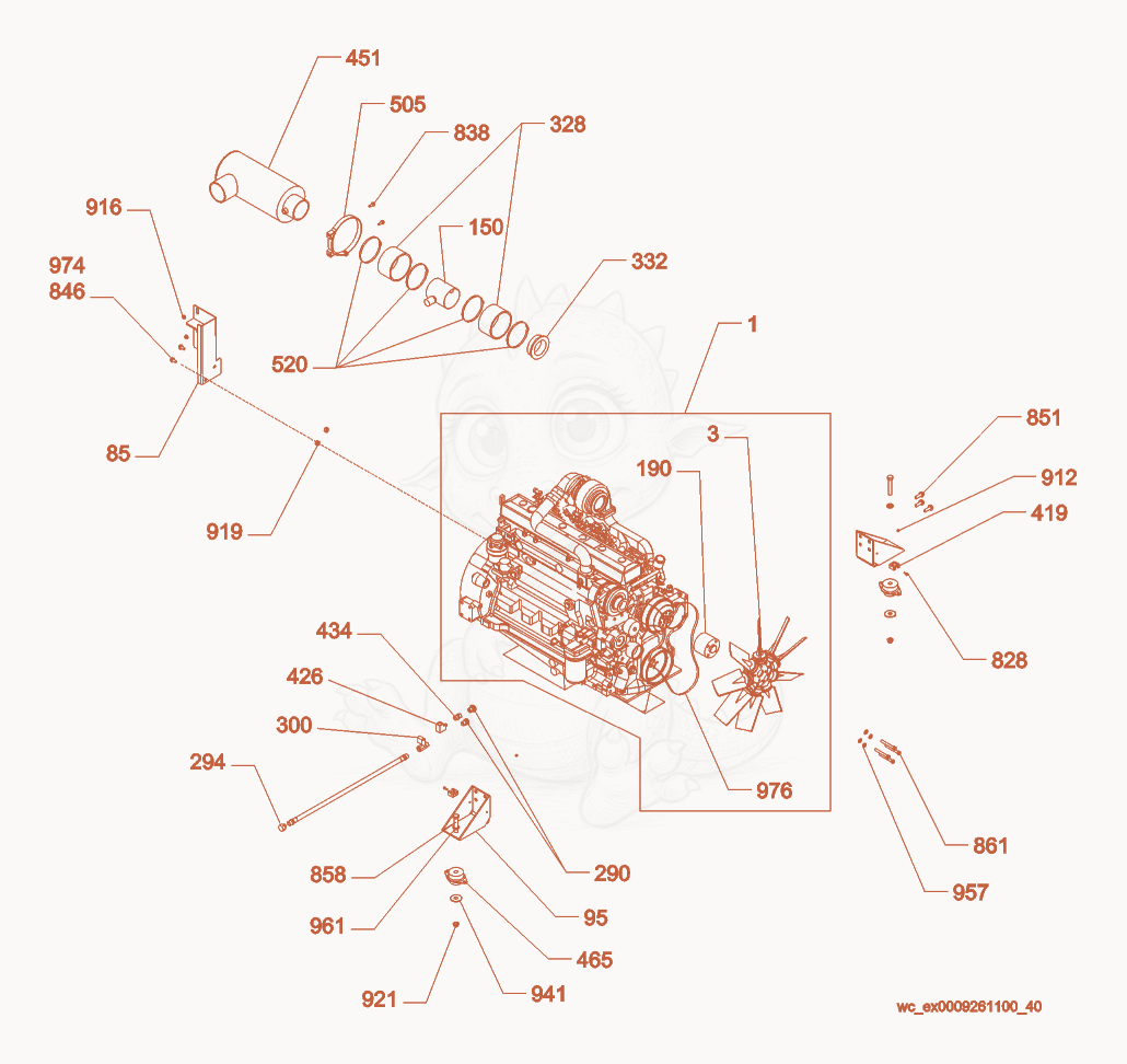 Exploded parts diagram of the Engine cpl. of a Wacker Neuson G125, with numbered balloons