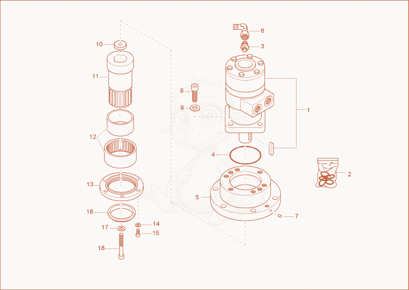 Despiece del swivel drive de una máquina Wacker Neuson 2202RD, con globos numerados