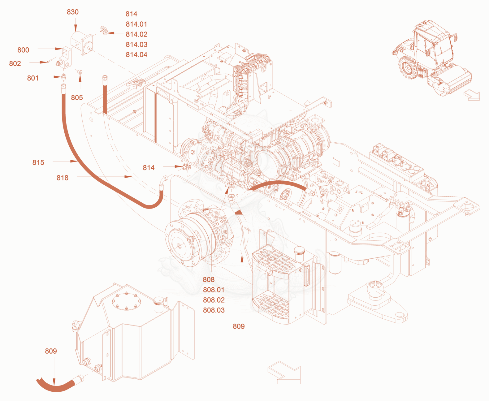 Exploded parts diagram of the cooling (engine/hydraulic oil) of a Wacker Neuson RC70P, with numbered balloons