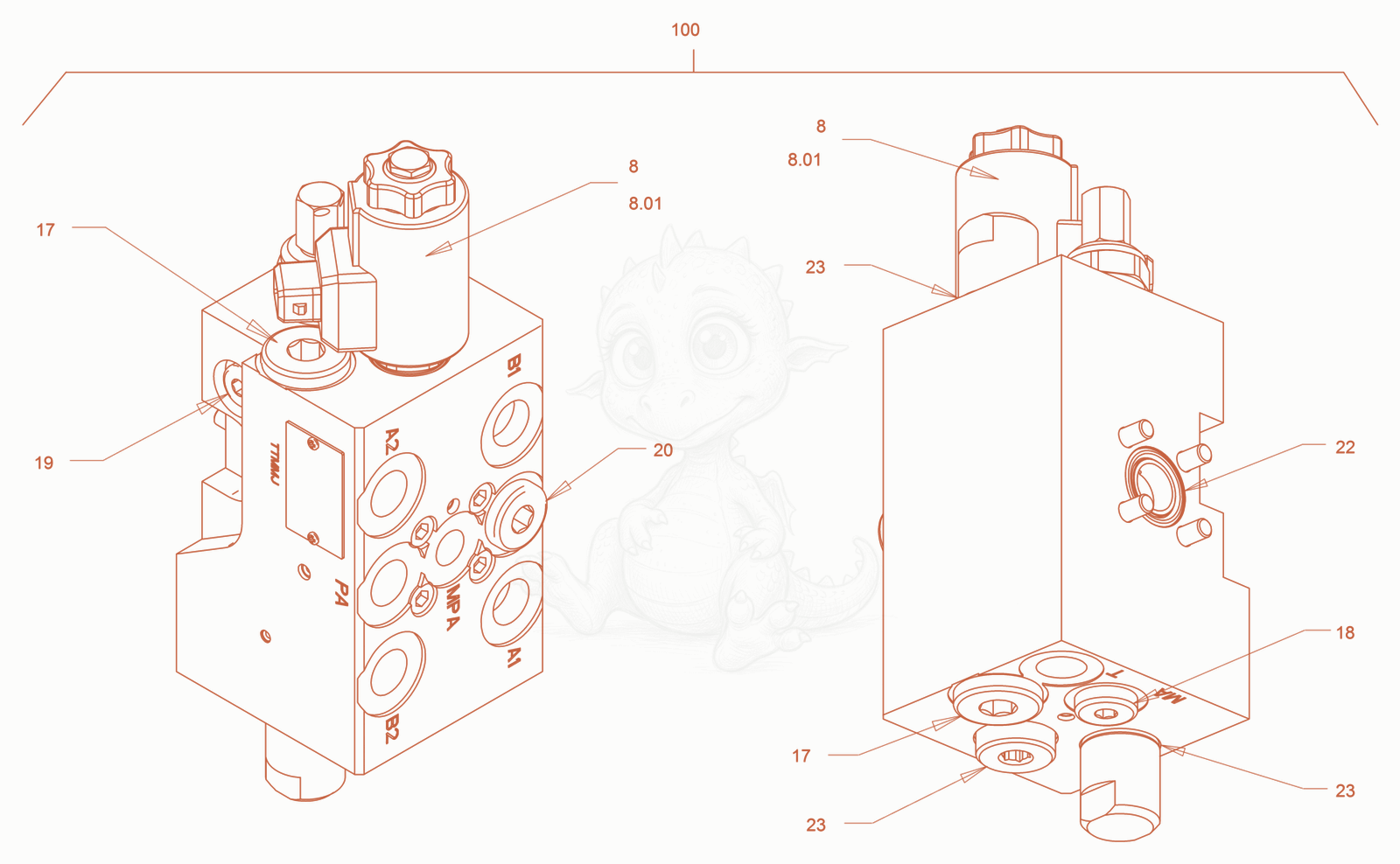 Exploded parts diagram of the valve block (changing over of vibration) of a Wacker Neuson RD24-100, with numbered balloons