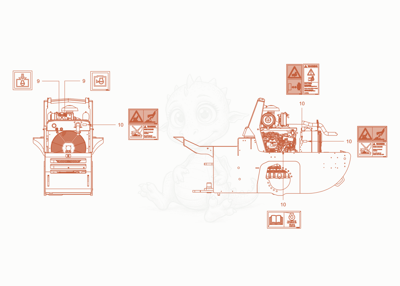 Exploded parts diagram of the sticker arrangement of a Wacker Neuson RC70PDPFCAB, with numbered balloons