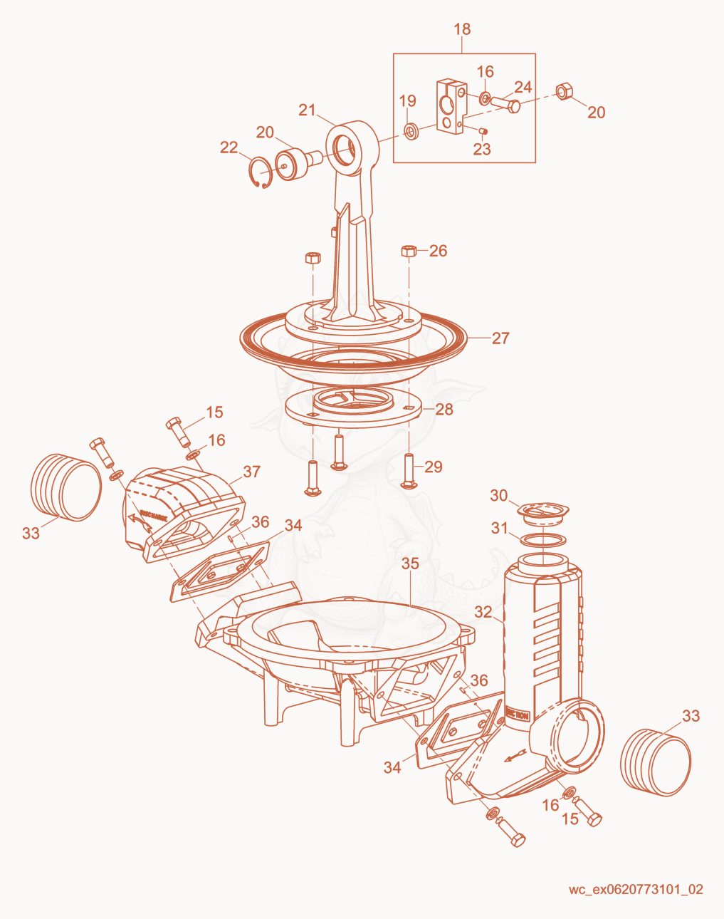 Exploded parts diagram of the Plunger/Housing of a Wacker Neuson PDI3A(I), with numbered balloons