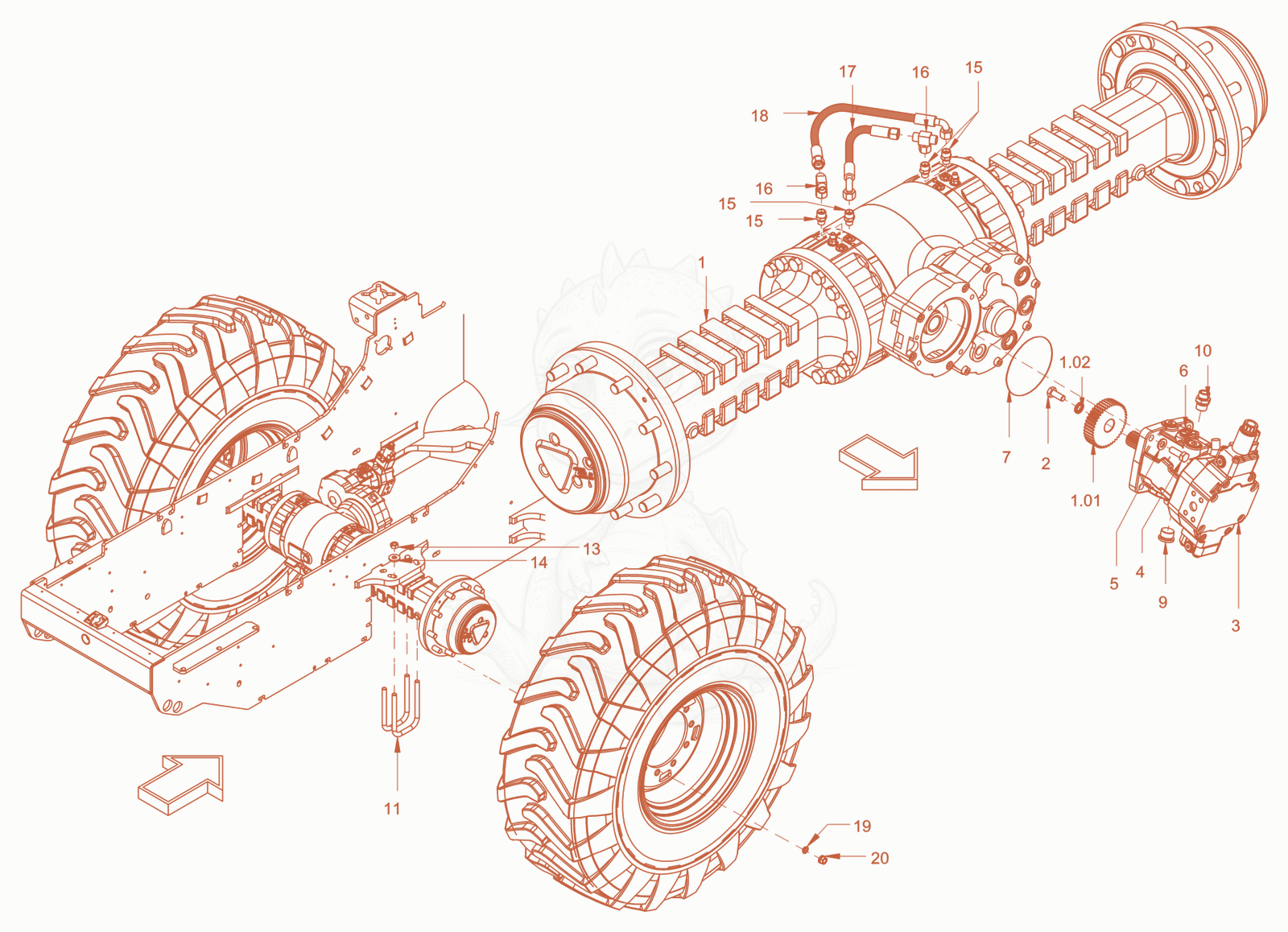 Despiece del planetary axle and suspension de una máquina Wacker Neuson RC110PUSROPS, con globos numerados