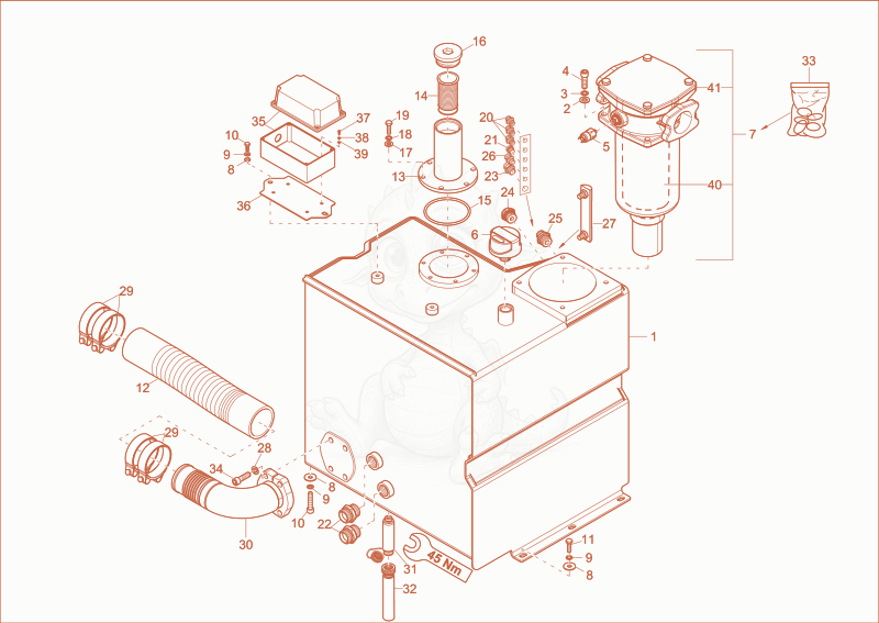 Despiece del hydraulic tank de una máquina Wacker Neuson 14504, con globos numerados