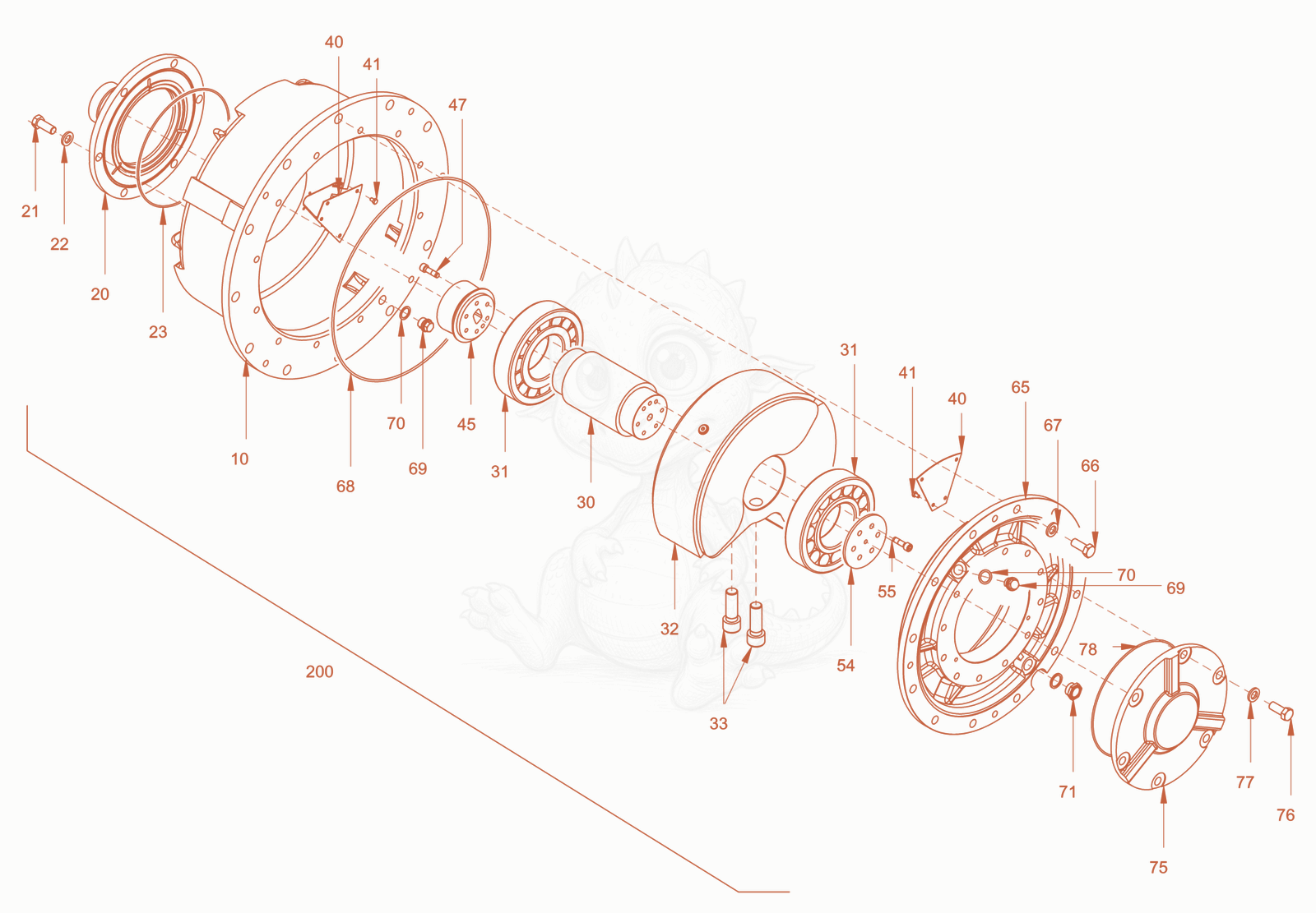 Exploded parts diagram of the roller drum of a Wacker Neuson RC110USROPS, with numbered balloons