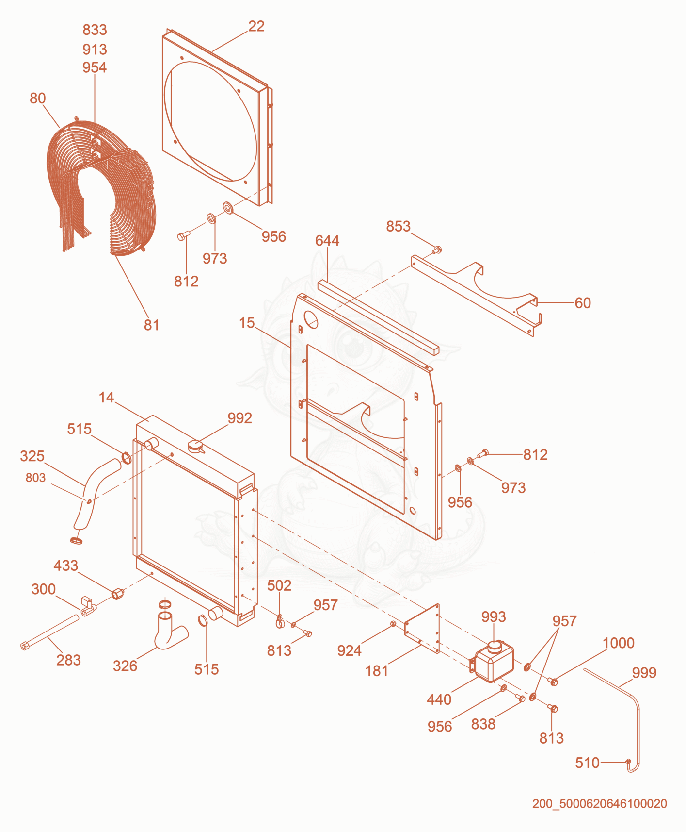 Exploded parts diagram of the Radiator/Bulkhead cpl. of a Wacker Neuson G70, with numbered balloons