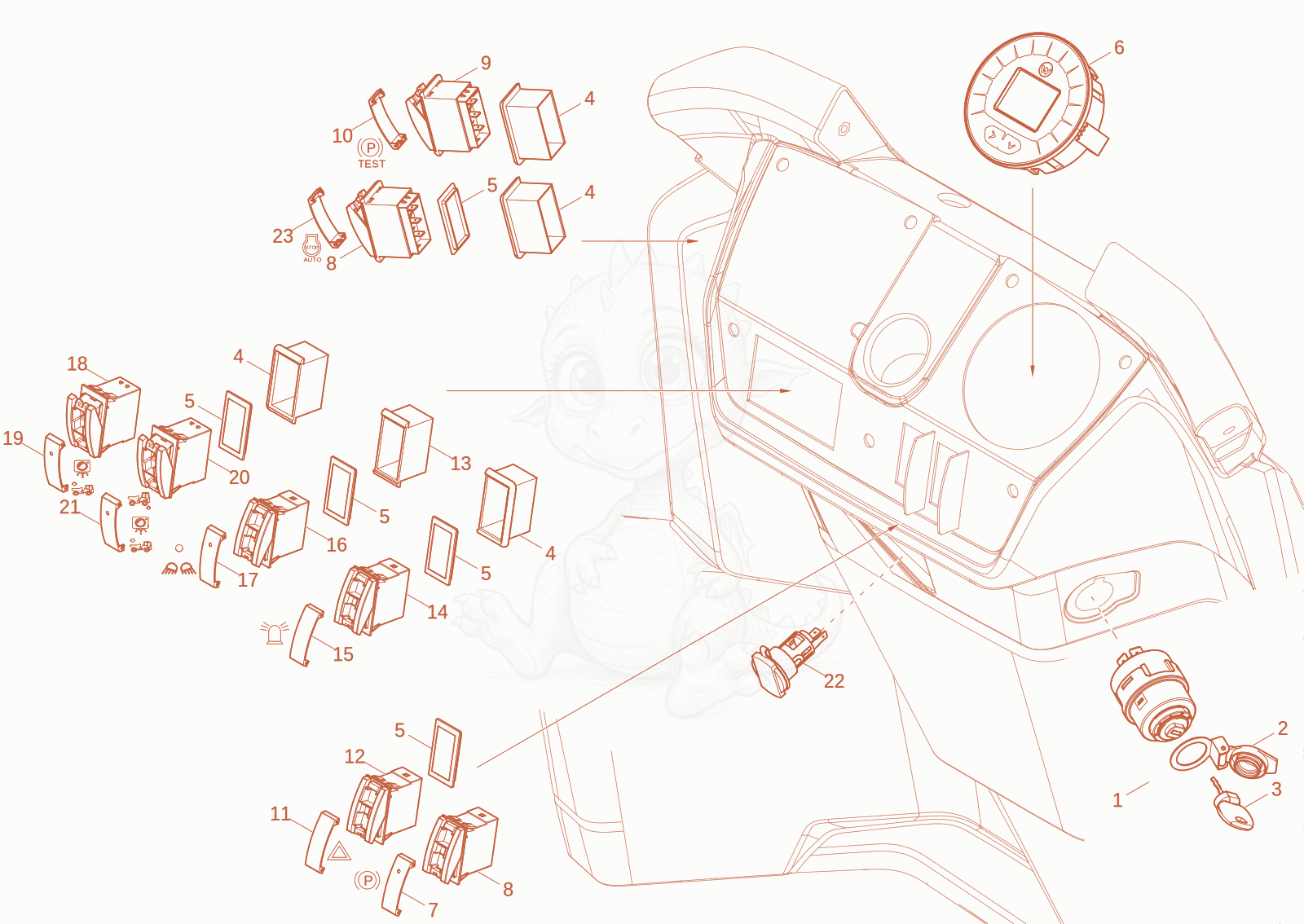 Exploded parts diagram of the instrument panel of a Wacker Neuson DW40-2, with numbered balloons