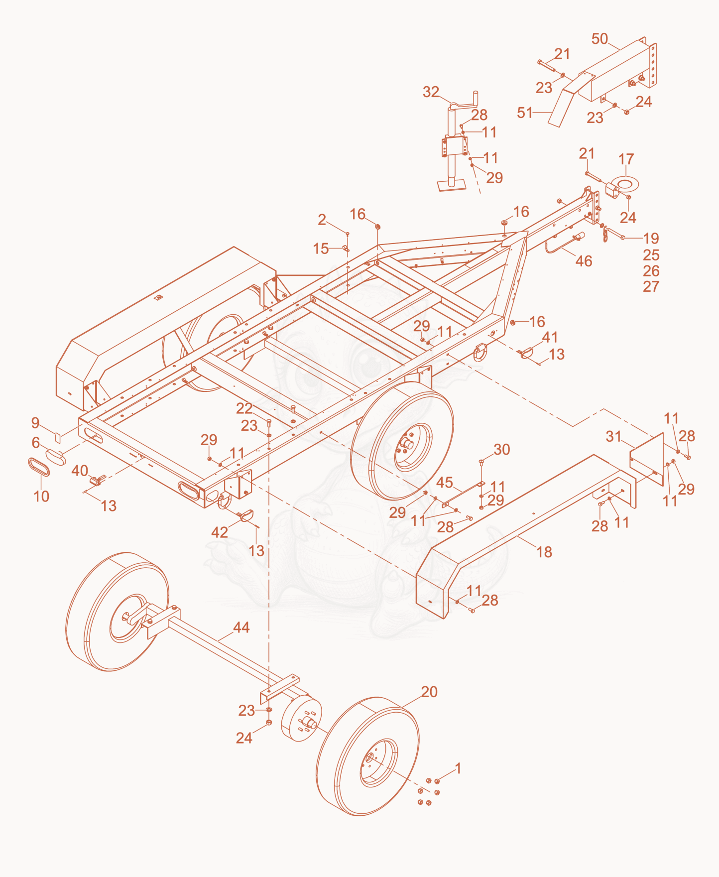 Despiece del Trailer Frame w/Surge Brake Tandem Axle de una máquina Wacker Neuson MGT3.1S, con globos numerados