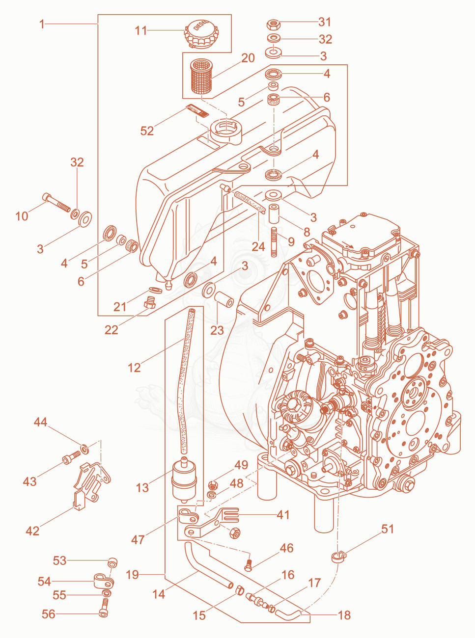 Exploded parts diagram of the Fuel System of a Wacker Neuson DPU5545HECH, with numbered balloons