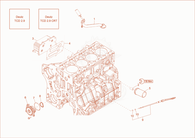 Exploded parts diagram of the lub oil system of a Wacker Neuson ET90, with numbered balloons
