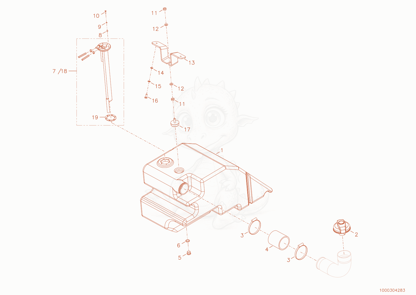 Exploded parts diagram of the fuel tank of a Wacker Neuson WL34, with numbered balloons