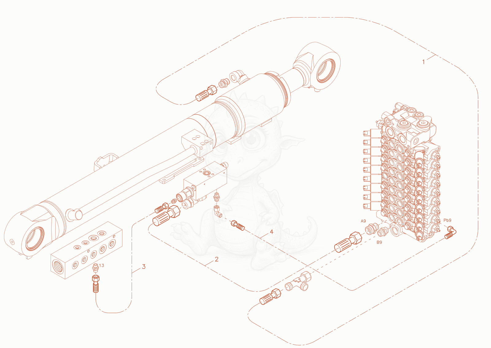 Exploded parts diagram of the LIFTING BOOM OPERATION of a Wacker Neuson EW100-2, with numbered balloons