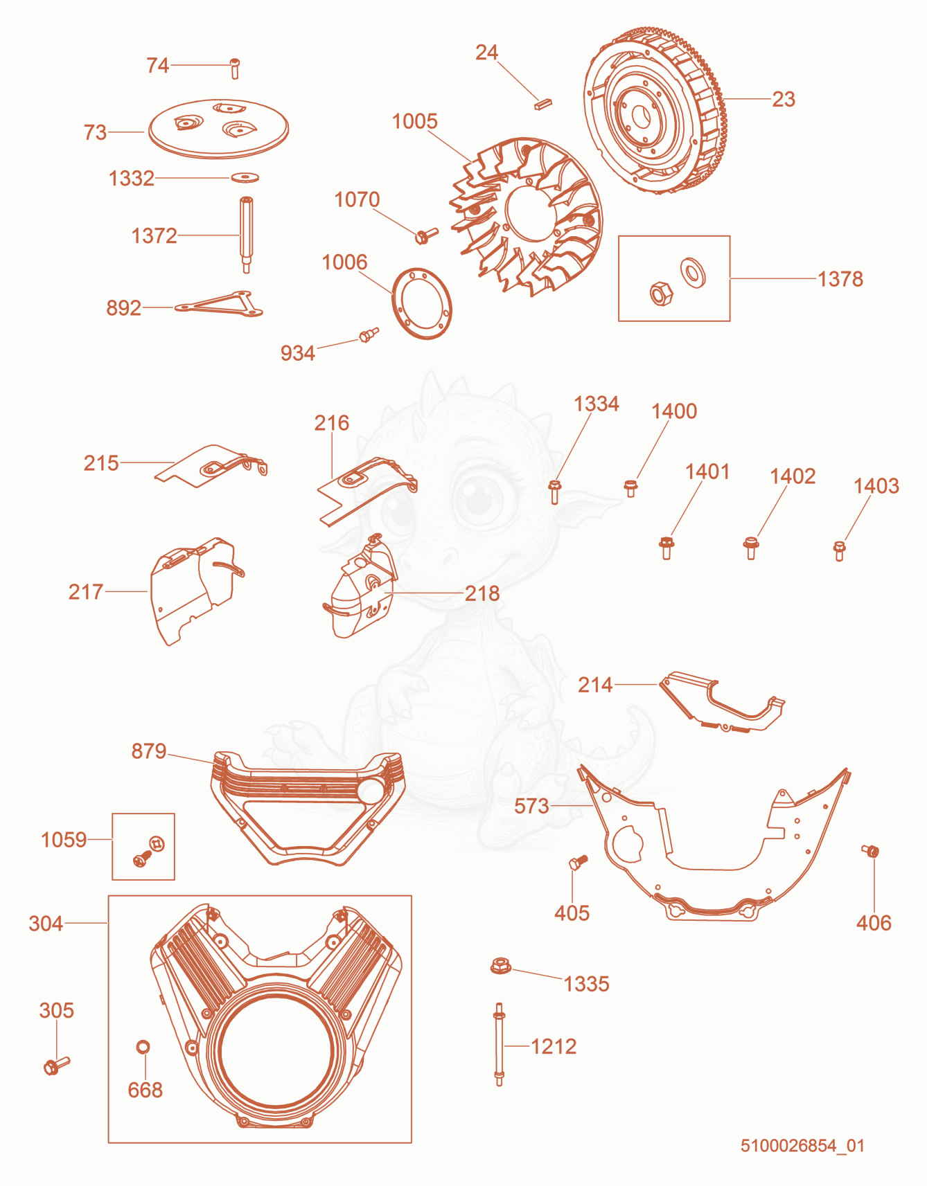 Exploded parts diagram of the Flywheel/Blower Housing of a Wacker Neuson CRT48-37VEU, with numbered balloons